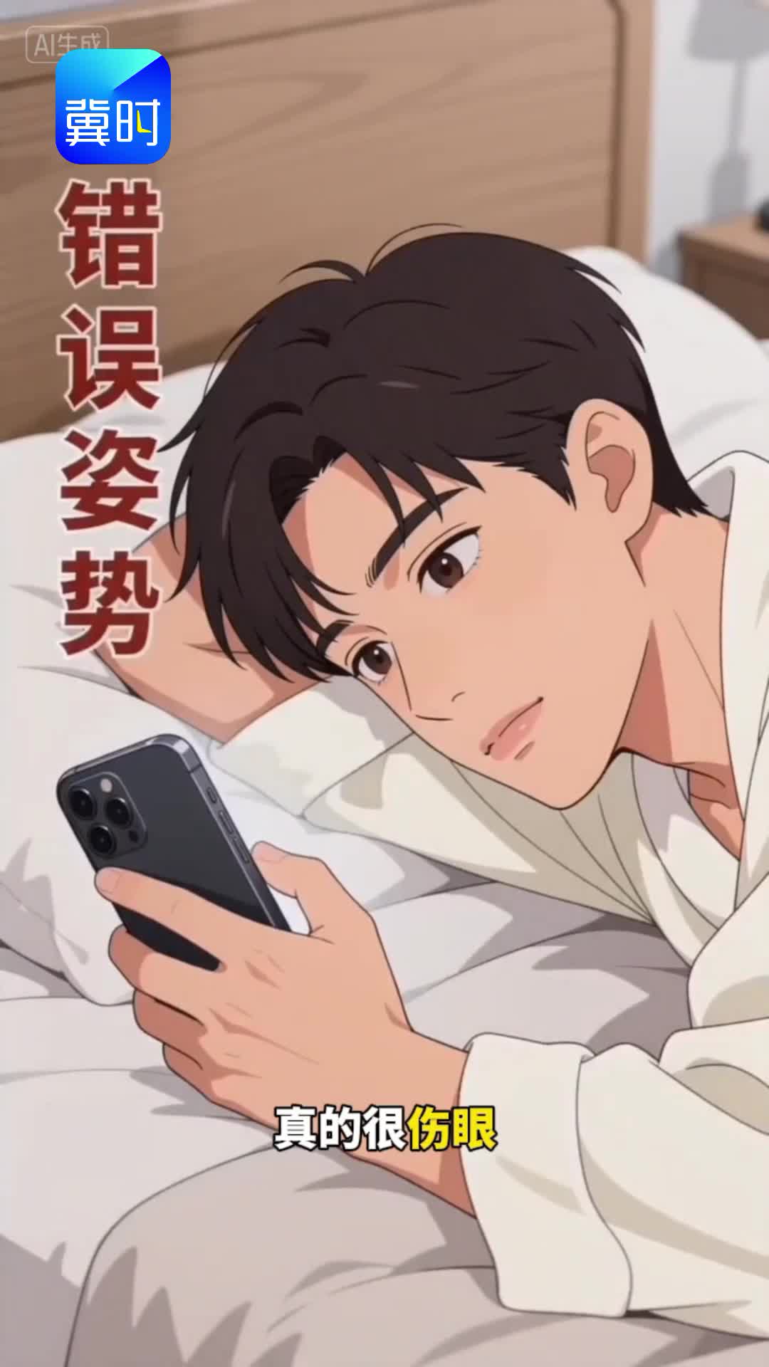 比熬夜更伤眼的，是你侧躺看手机。(编辑：摄像科)#玩手机的危害 #护眼小常识  #用眼健康 #正确看手机姿势